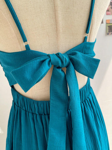 Women Blue Hollow Out Jumpsuit With Back Bow Tie For Vacation