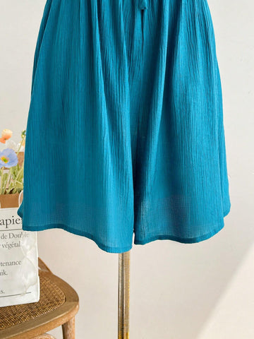 Women Blue Hollow Out Jumpsuit With Back Bow Tie For Vacation