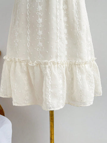 WYWH Women Holiday Casual White V-Neck Ruffle Sleeve Dress With Lace Embroidery And A