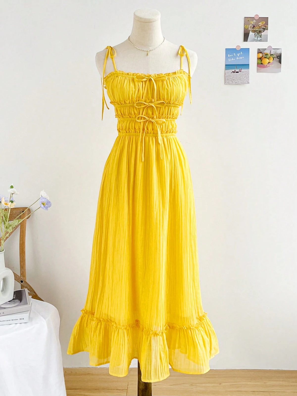 WYWH Women Holiday Style Romantic Yellow Chiffon Dress With Multi-Layered Ruffled Trim And Tie Shoulder Straps, Perfect For Summer