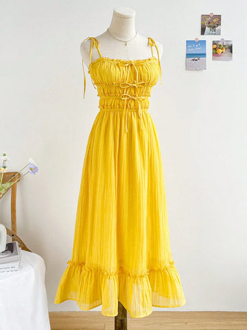 WYWH Women Holiday Style Romantic Yellow Chiffon Dress With Multi-Layered Ruffled Trim And Tie Shoulder Straps, Perfect For Summer