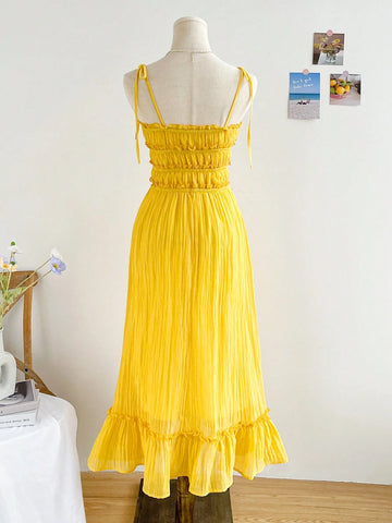 WYWH Women Holiday Style Romantic Yellow Chiffon Dress With Multi-Layered Ruffled Trim And Tie Shoulder Straps, Perfect For Summer