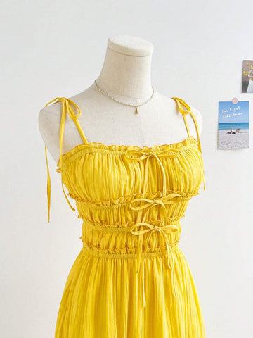 WYWH Women Holiday Style Romantic Yellow Chiffon Dress With Multi-Layered Ruffled Trim And Tie Shoulder Straps, Perfect For Summer