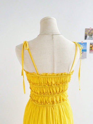 WYWH Women Holiday Style Romantic Yellow Chiffon Dress With Multi-Layered Ruffled Trim And Tie Shoulder Straps, Perfect For Summer