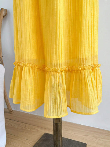 WYWH Women Holiday Style Romantic Yellow Chiffon Dress With Multi-Layered Ruffled Trim And Tie Shoulder Straps, Perfect For Summer
