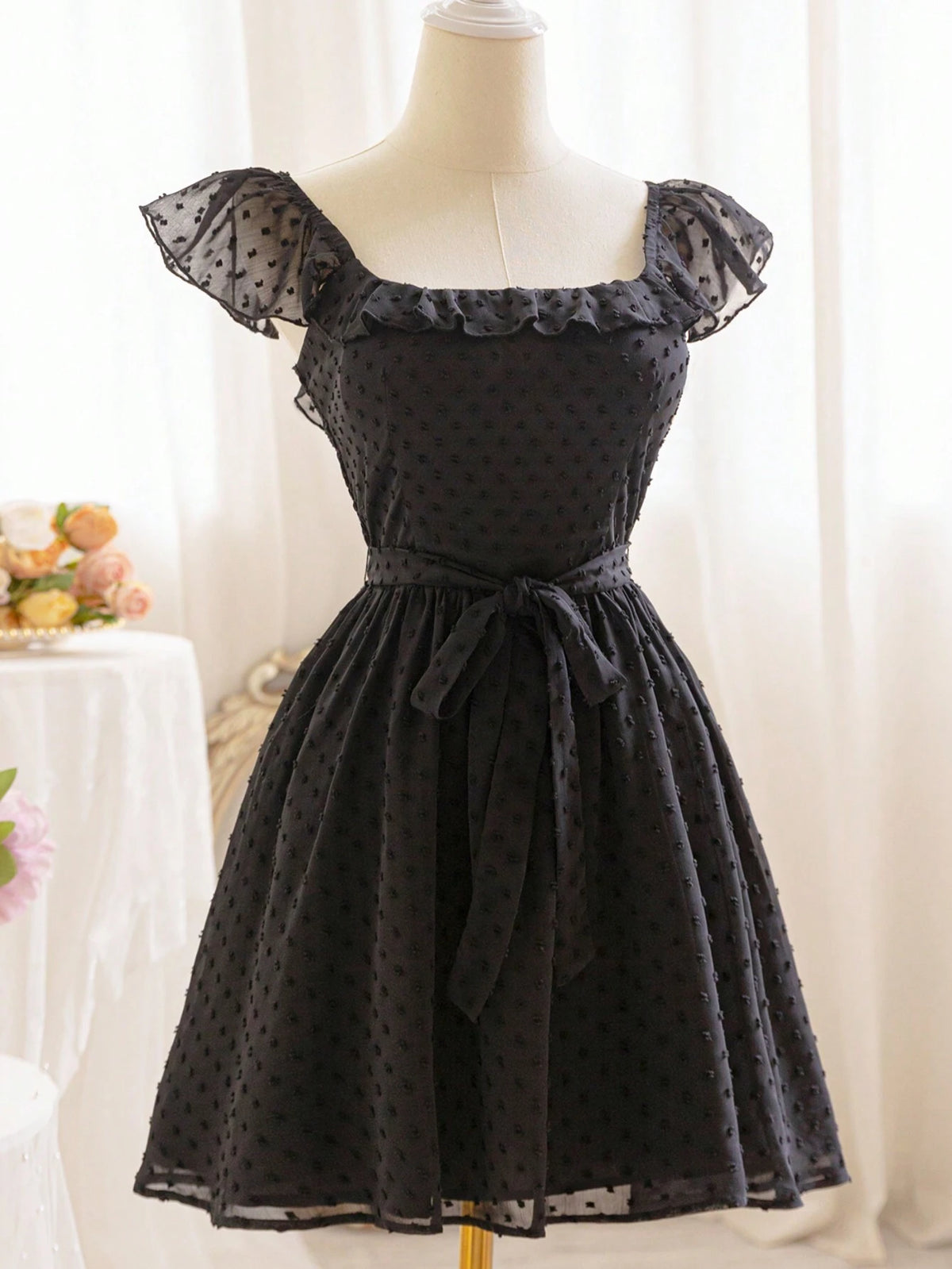 WYWH Women Romantic Holiday Casual Countryside Black Lace Cutout Texture Chiffon Easter Mini Dress With Decorative Tied Adjustable Waistband And Flared Hem