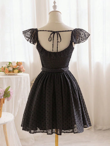 WYWH Women Romantic Holiday Casual Countryside Black Lace Cutout Texture Chiffon Easter Mini Dress With Decorative Tied Adjustable Waistband And Flared Hem