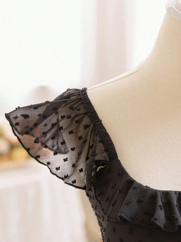 WYWH Women Romantic Holiday Casual Countryside Black Lace Cutout Texture Chiffon Easter Mini Dress With Decorative Tied Adjustable Waistband And Flared Hem