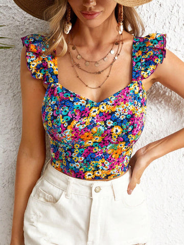 WYWH WYWH Women Vacation Spring Break Floral Print Tie Backless Ruffle Trim Crop Top