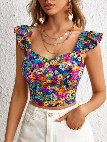 WYWH WYWH Women Vacation Spring Break Floral Print Tie Backless Ruffle Trim Crop Top