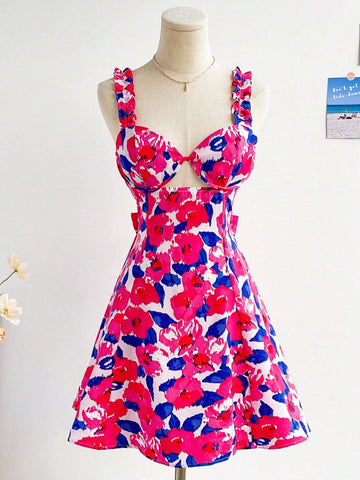 WYWH Women Vacation Summer Dress With Black Background And Apricot Blossom Print, Wide