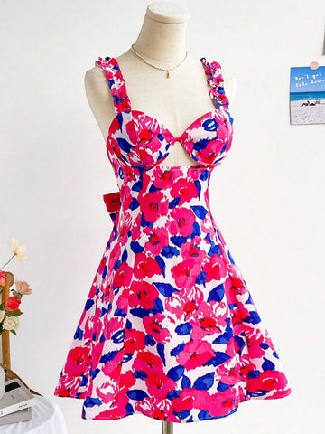 WYWH Women Vacation Summer Dress With Black Background And Apricot Blossom Print, Wide