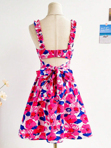 WYWH Women Vacation Summer Dress With Black Background And Apricot Blossom Print, Wide