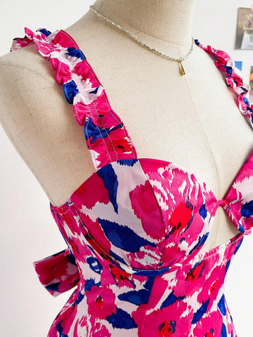 WYWH Women Vacation Summer Dress With Black Background And Apricot Blossom Print, Wide