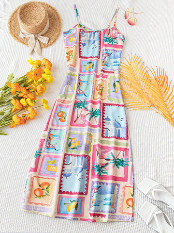 WYWH Women's Beach Vacation Casual Palm Tree, Orange, Lemon Fruit Colorful Printed Spaghet