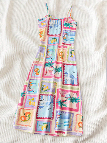 WYWH Women's Beach Vacation Casual Palm Tree, Orange, Lemon Fruit Colorful Printed Spaghet