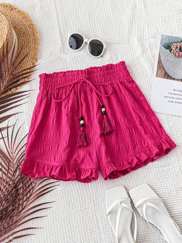 WYWH WYWH Women's Pink Spring-Style Textured And Comfortable Fabric Ruffle Hem Ultra-Shorts For Vacation