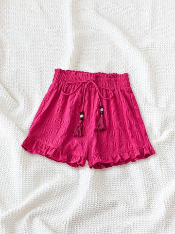 WYWH WYWH Women's Pink Spring-Style Textured And Comfortable Fabric Ruffle Hem Ultra-Shorts For Vacation