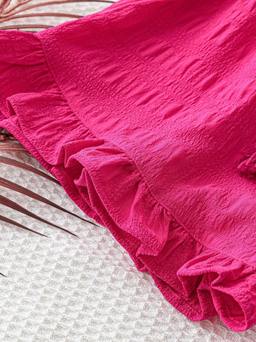 WYWH WYWH Women's Pink Spring-Style Textured And Comfortable Fabric Ruffle Hem Ultra-Shorts For Vacation