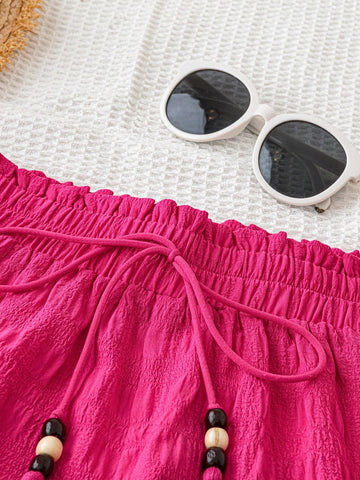 WYWH WYWH Women's Pink Spring-Style Textured And Comfortable Fabric Ruffle Hem Ultra-Shorts For Vacation