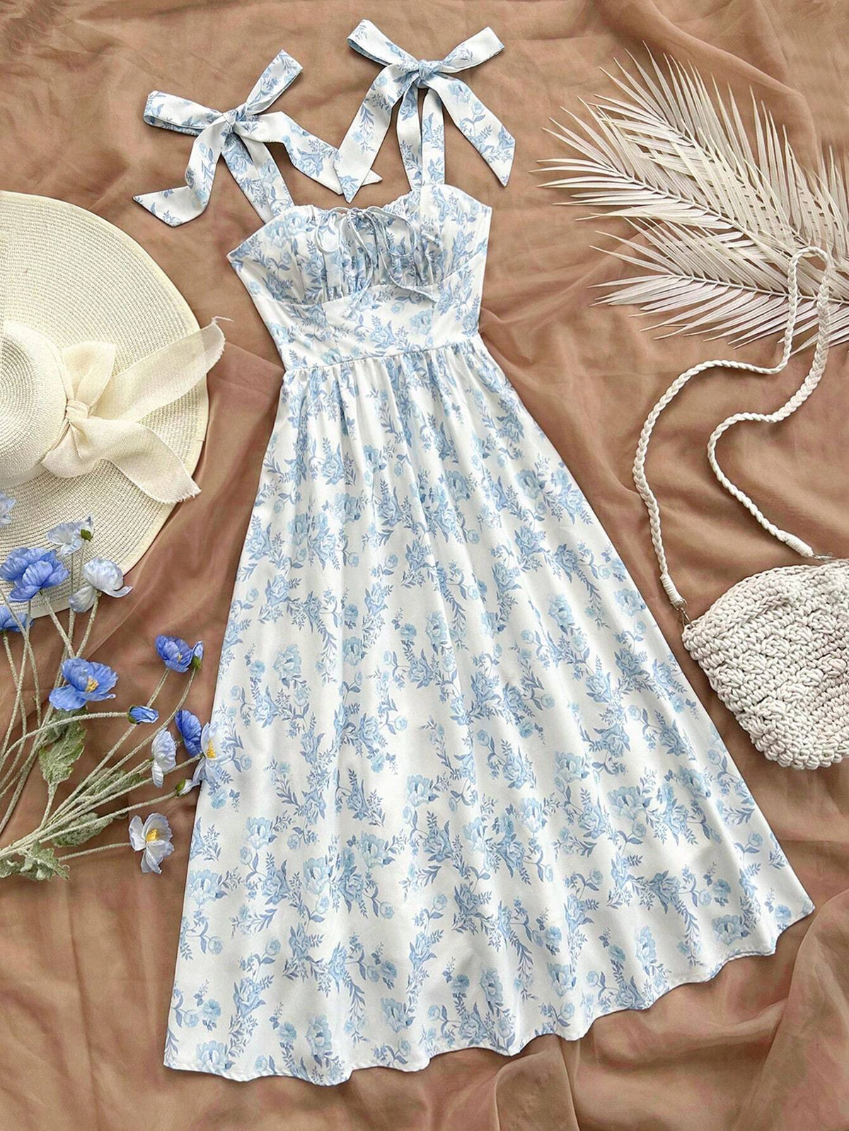 WYWH Women's Summer Vacation Leisure Flower Print Frill Trim Schiffy Cami Dress