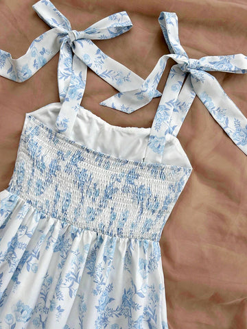 WYWH Women's Summer Vacation Leisure Flower Print Frill Trim Schiffy Cami Dress