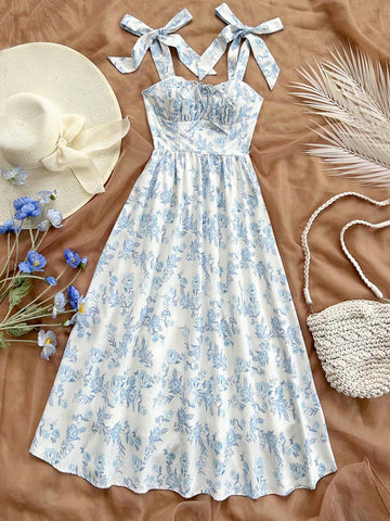 WYWH Women's Summer Vacation Leisure Flower Print Frill Trim Schiffy Cami Dress