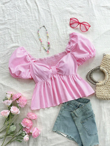 Women's Vacation Stripe Puff Sleeve Shirt With Bow Tie, Doll Collar Top