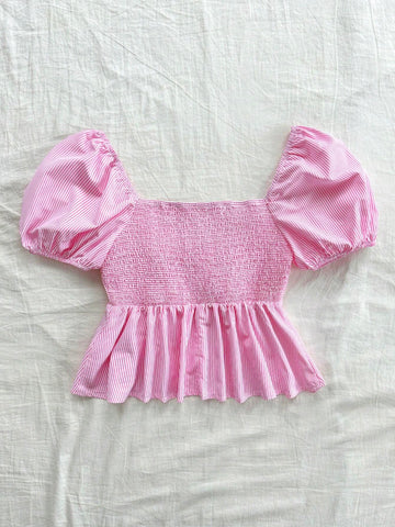 Women's Vacation Stripe Puff Sleeve Shirt With Bow Tie, Doll Collar Top