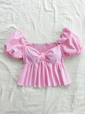 Women's Vacation Stripe Puff Sleeve Shirt With Bow Tie, Doll Collar Top