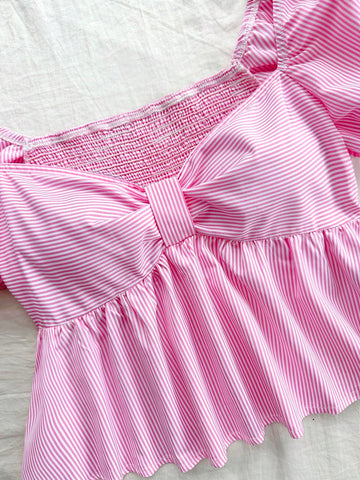 Women's Vacation Stripe Puff Sleeve Shirt With Bow Tie, Doll Collar Top