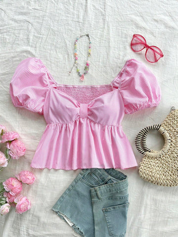 Women's Vacation Stripe Puff Sleeve Shirt With Bow Tie, Doll Collar Top