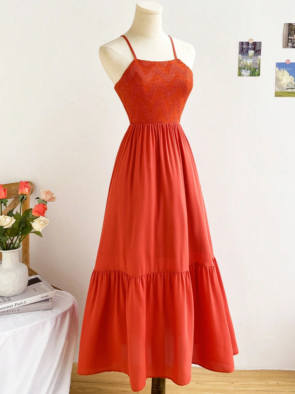 WYWH Women's Vacation Summer Knitted Patchwork Back Tie Elastic Loose Long Dress