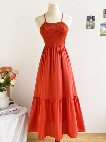 WYWH Women's Vacation Summer Knitted Patchwork Back Tie Elastic Loose Long Dress