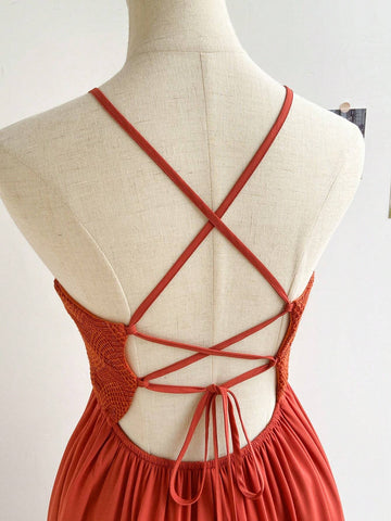 WYWH Women's Vacation Summer Knitted Patchwork Back Tie Elastic Loose Long Dress