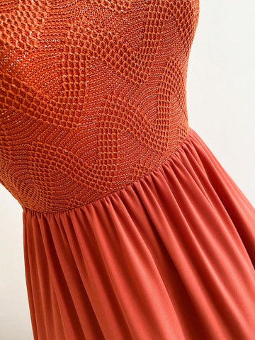WYWH Women's Vacation Summer Knitted Patchwork Back Tie Elastic Loose Long Dress