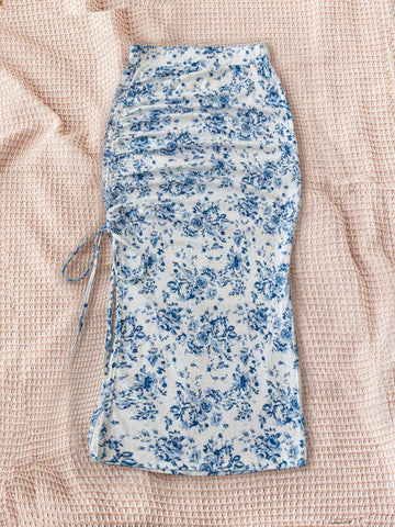 WYWH Women's Vacation White Base Blue Flower Printed Half-Length Skirt With Side Slit And Drawstring Waist