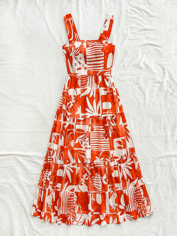 WYWH Women's Vintage-Inspired Floral Dress With Wide Strap And Brown Ink Flowers, Perfect For Summer Vacation, Easter, Graduation, Back To School, Parties, Lunches, And Garden Tea Time, Elastic Waist And Loose Fit