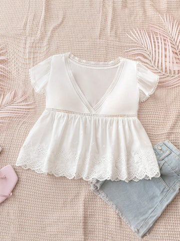 White Cotton Embroidery Lace Patchwork Ruffle Sleeve Shirt