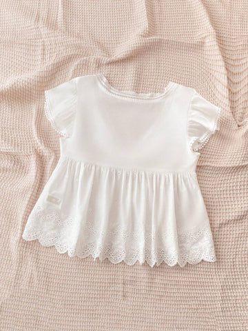 White Cotton Embroidery Lace Patchwork Ruffle Sleeve Shirt