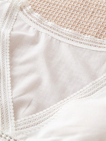 White Cotton Embroidery Lace Patchwork Ruffle Sleeve Shirt