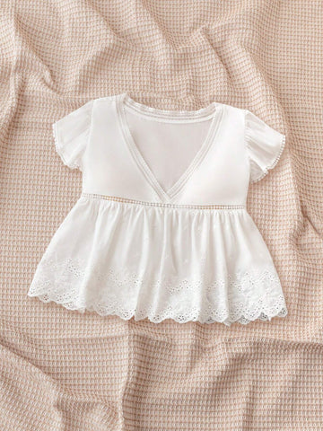 White Cotton Embroidery Lace Patchwork Ruffle Sleeve Shirt