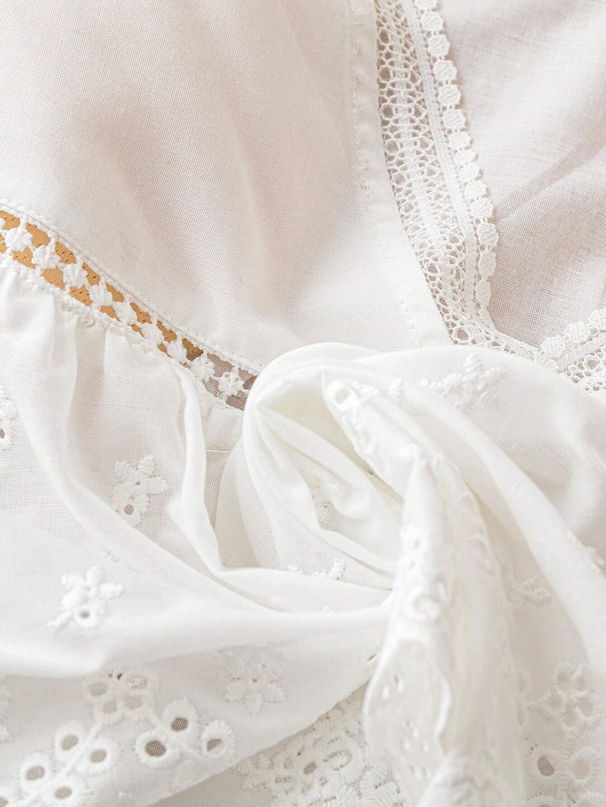 White Cotton Embroidery Lace Patchwork Ruffle Sleeve Shirt