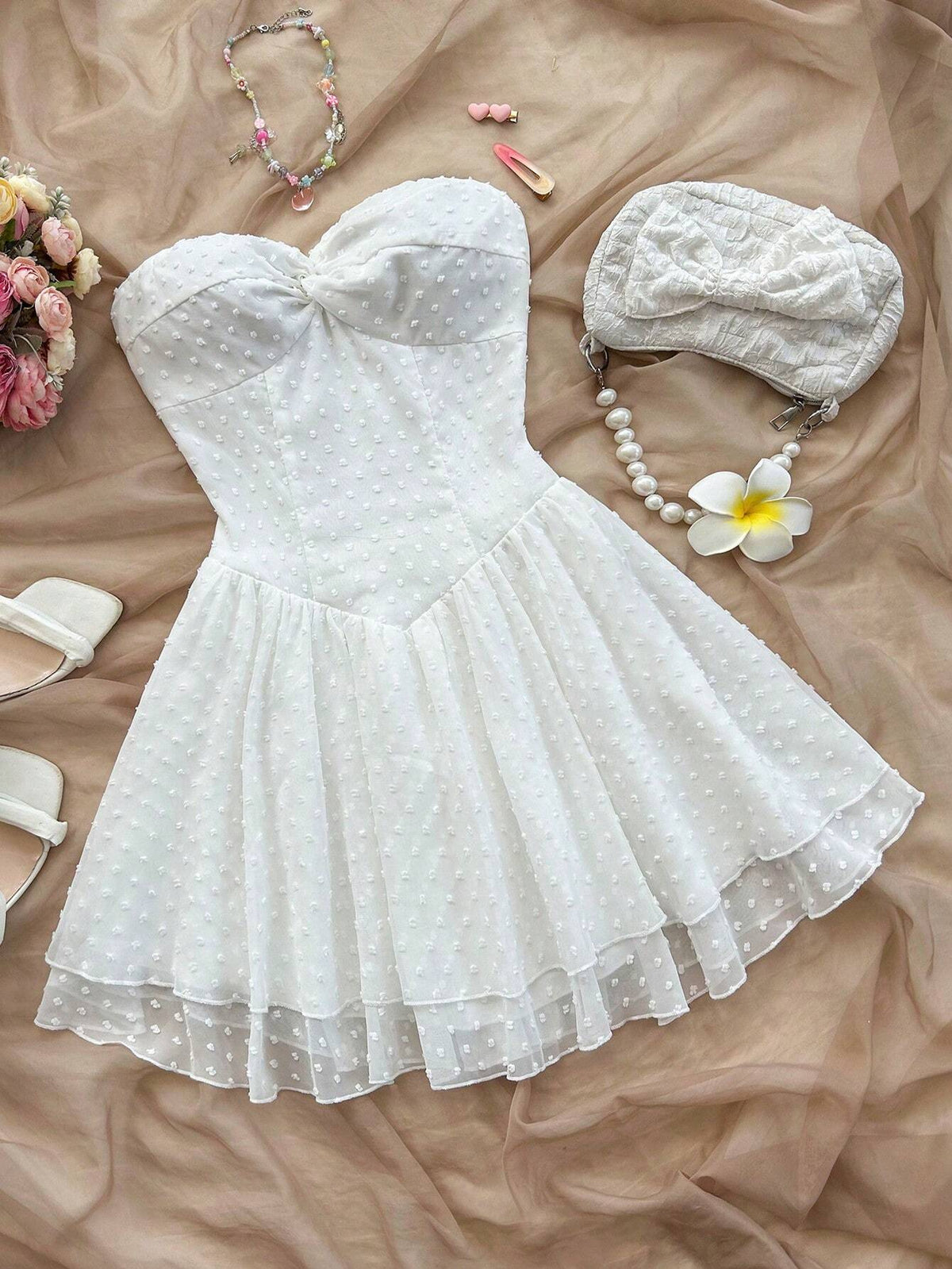 White Cut Out Twist Front Ruffle Hem Beach Dress