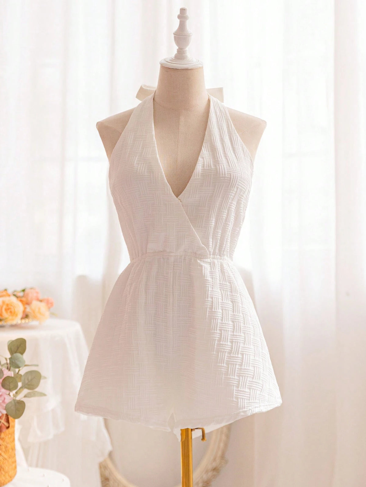 White Textured Material Basic Jumpsuit With Front/Mid V-Neck And Back/Mid Tie Straps