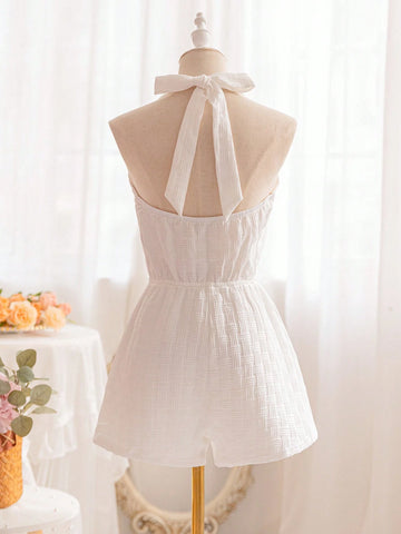 White Textured Material Basic Jumpsuit With Front/Mid V-Neck And Back/Mid Tie Straps