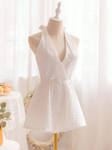 White Textured Material Basic Jumpsuit With Front/Mid V-Neck And Back/Mid Tie Straps
