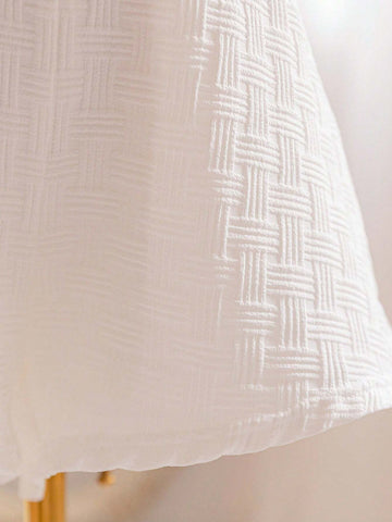 White Textured Material Basic Jumpsuit With Front/Mid V-Neck And Back/Mid Tie Straps