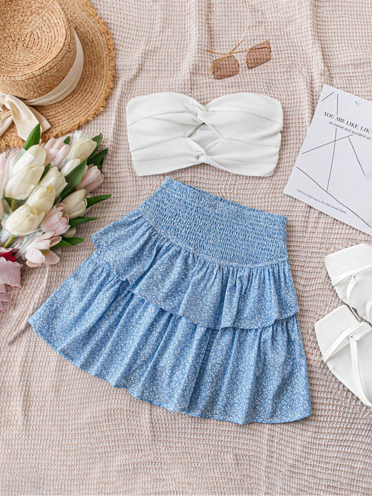 White Twisted Front Tube Top And Blue Vine Ditsy Floral Romantic Casual Cute Vacation 2pc Outfit For Women