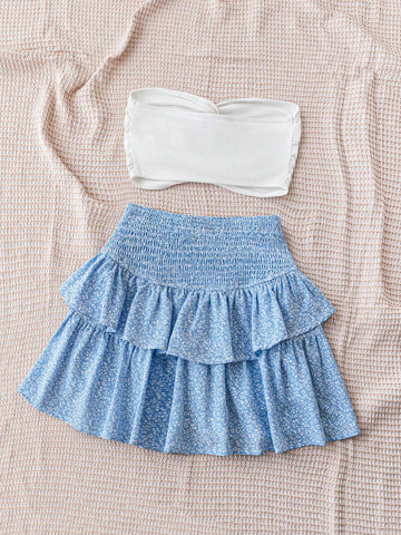 White Twisted Front Tube Top And Blue Vine Ditsy Floral Romantic Casual Cute Vacation 2pc Outfit For Women